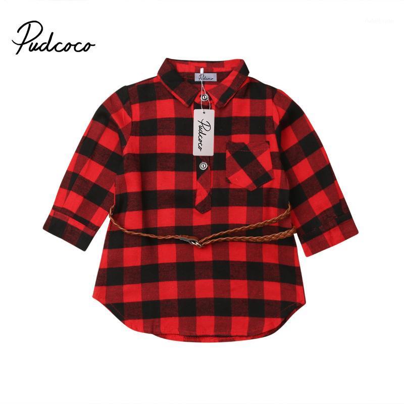 

Pudcoco Toddler Baby Girls Summer Dress Red Plaid Shirt Dress Princess with Belt Baby Girls Casual1, As pic