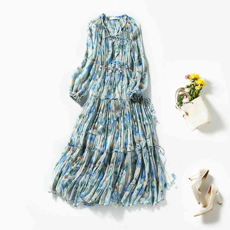 

Casual Dresses High end lady printed imitation silk fairy skirt long sleeve lace up Shenzhen two-piece dress TIWJ, Blue