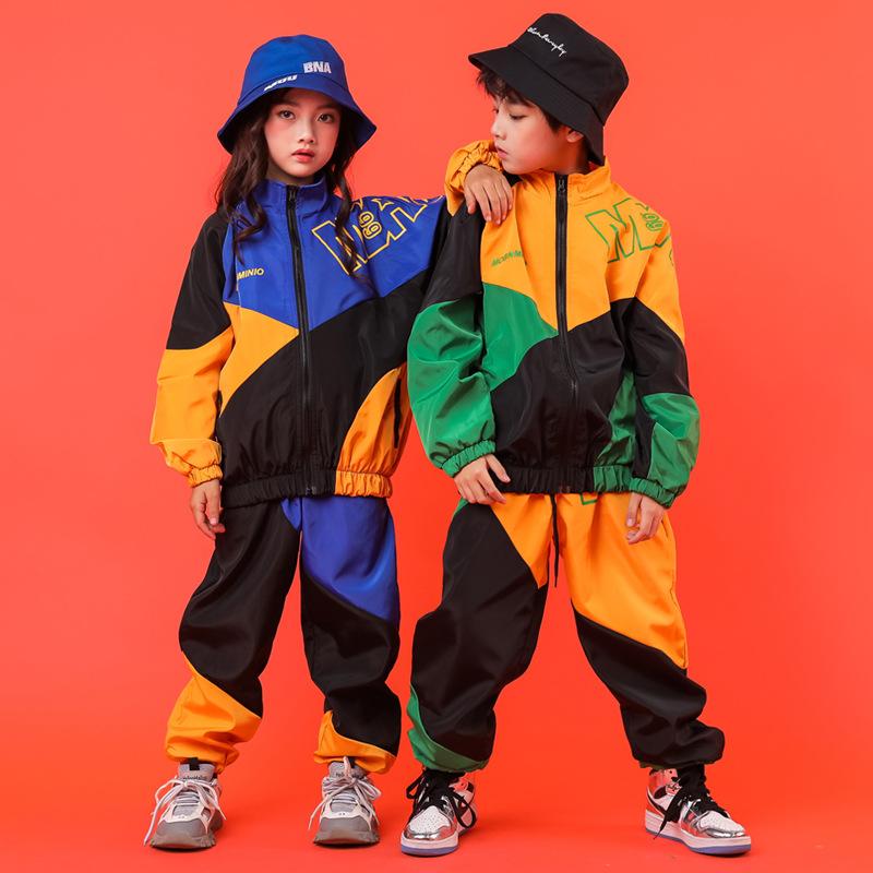 

Kid Cool Hip Hop Clothing High Neck Color Block Jacket Top Coat Running Casual Pants for Girls Boys Jazz Dance Costumes Clothes, Blue pants