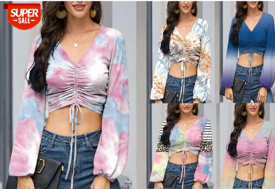 

Hot Style Women Sexy V-neck Long Sleeve Print Bare Midriff T-shirt with Gradual Change Women Sexy Tops #Fp2P, White