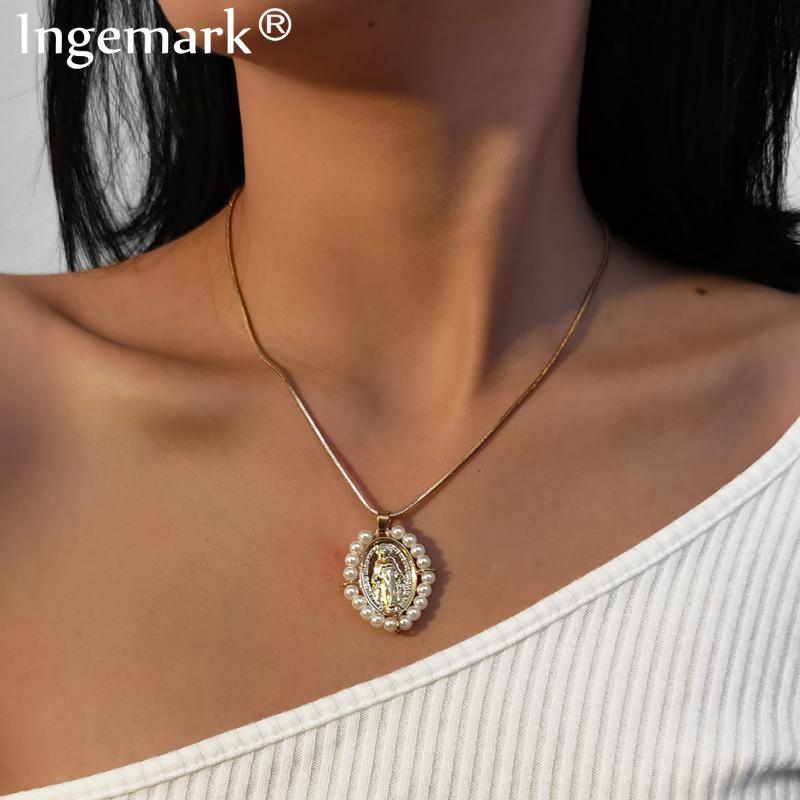 

Goth Virgin Mary Circle Pendant Choker Necklace Imitation Pearl Angel Coin Snake Long Chain Necklace Women Fashion Jewelry 2020