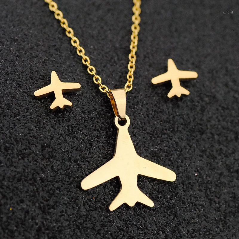 

Simple Stainless Steel Airplane Necklace Pendant for Women Children Jewelry Set Christmas Cute Gold Color Plane Earrings Femme1, As pic