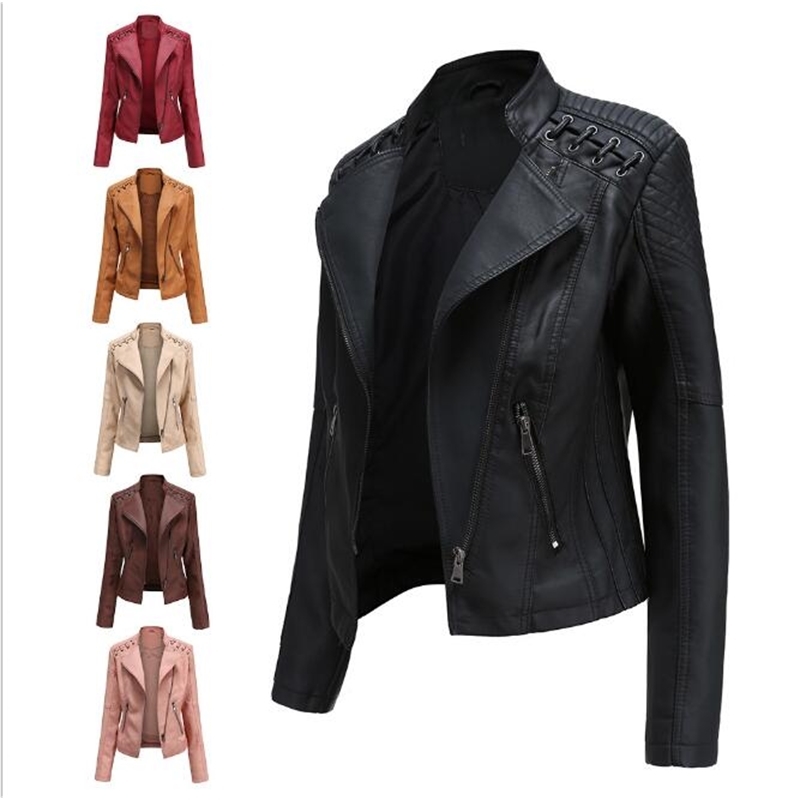 

Autumn Women' Leather Jacket Thin Section Small Jacket Ladies PU Motorcycle Suit New High-quality Slim Short Casual Zipper 210201, Black