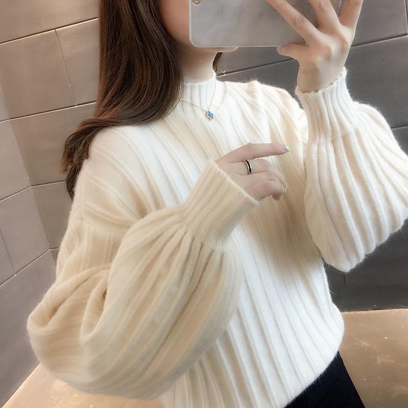 

LLPUSLUO Autumn Winter Women Knitted Turtleneck Jumper Sweater 2020 Casual Basic Pullover Lantern Sleeve Loose Tops Knitwear, Black
