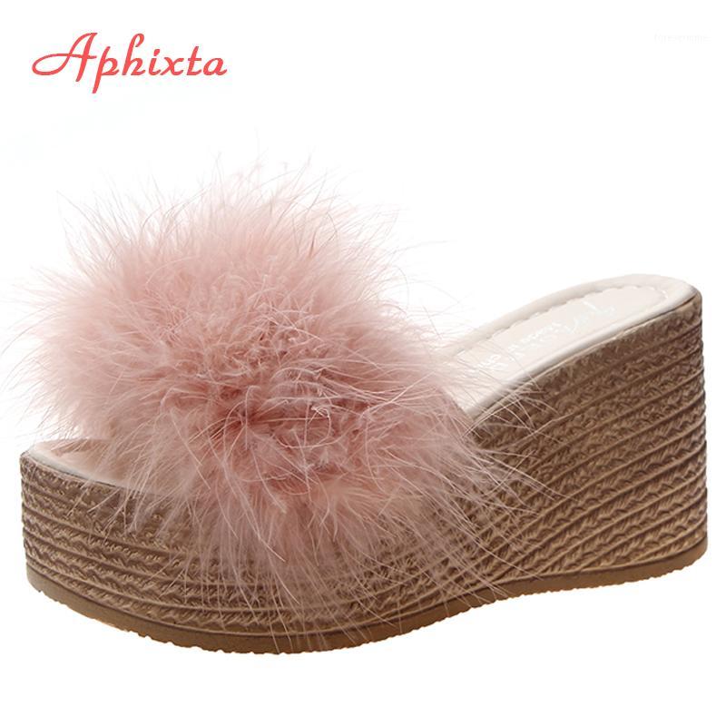 

Aphixta 9cm Heels Slides Women's Shoes Woman Slippers Faux Fur Slides Wedge Platform Women Shoes Beach Sandals Zapatos Mujer1, Beige