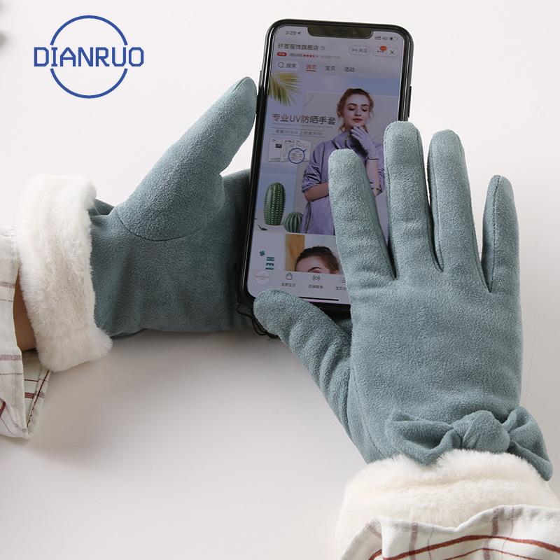 

DIANRUO New Warm Gloves Winter Women Windproof and Cold Proof Plush Lovely Bow Suede Touch Screen Gloves Q450