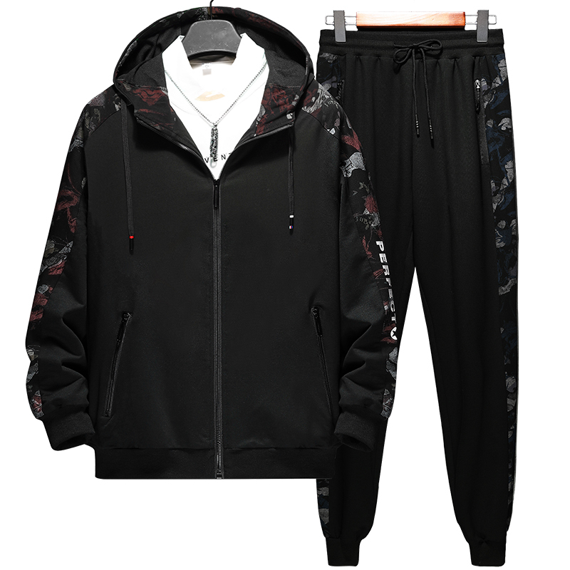 

High quality 2020 spring fashion hood male sweat suits 2 piece jacket assembly + suit pants 7xl 8xl 9xl, Red top black pant