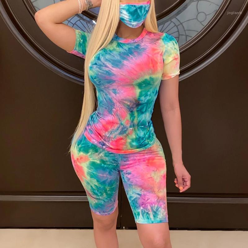 

3 Style Women Summer Print 3 Pieces Sets Tracksuits Short Sleeve T-shirt Shorts Masks Suit Night Fitness Sporty Outfit1, As pic