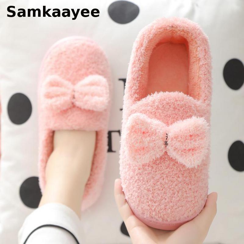 

Size 36-45 Women Slippers Winter Couples Butterfly-Knot Home Shoes Femmes Indoor Warm Flats Non-slip Mujer Solid Footwear Y10, Brown