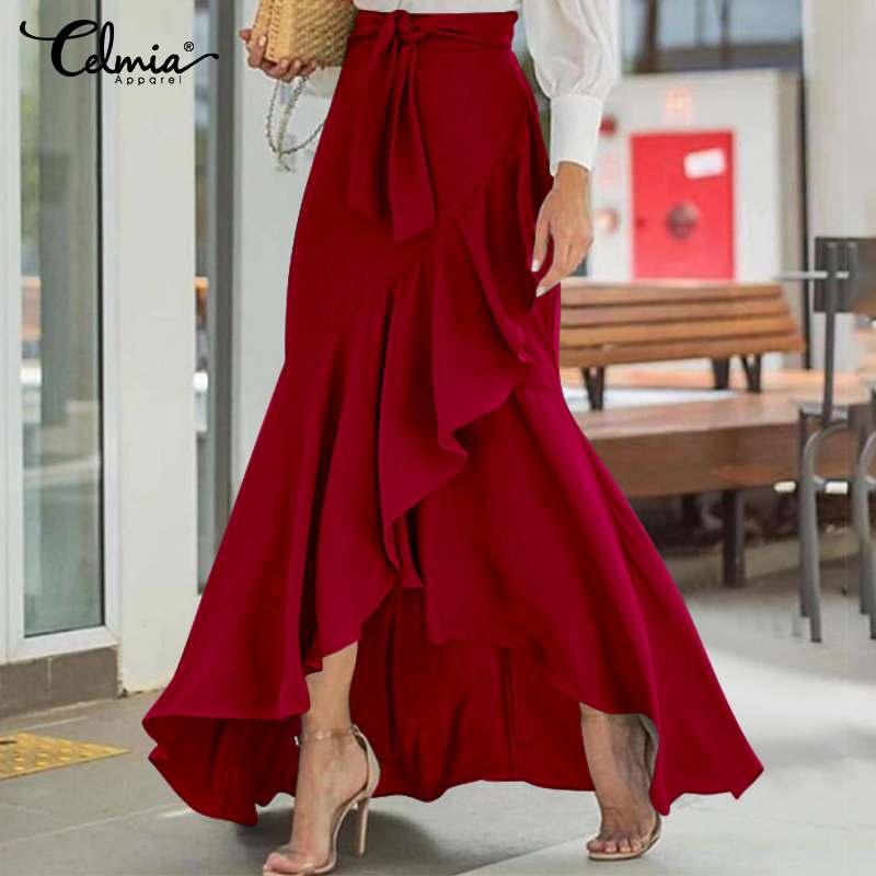 

Celmia Elegant Long Skirt Women Fashion High Waist Belted Fishtail Skirts 2020 Autumn Ladies Casual Loose Ruffles Party Skirts, Black