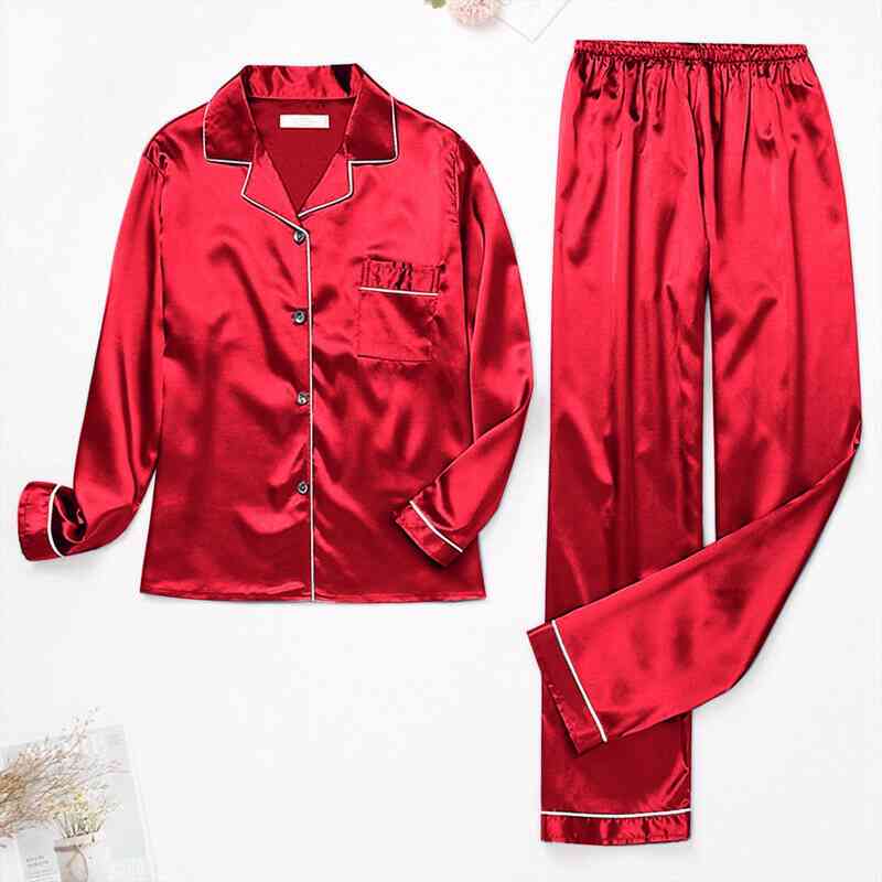 

Women Pajamas Silk Satin Sleepwear Long Sleeve Top And Trouser Suits Plus Size Winter Warm Pyjama Pour Femme Christmas Pijama, Black;red