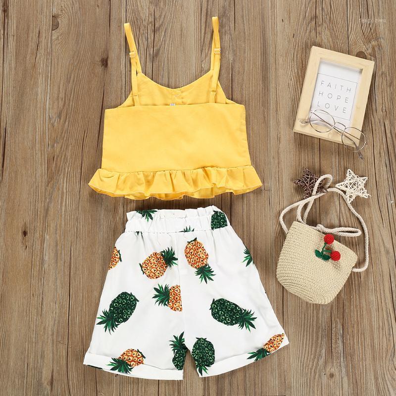 

Kids Baby Girl Clothes Sets Summer New Cropped Ruffle Shirt +Pineapple Print Short Pants 2pcs Children Outfit1, Yellow