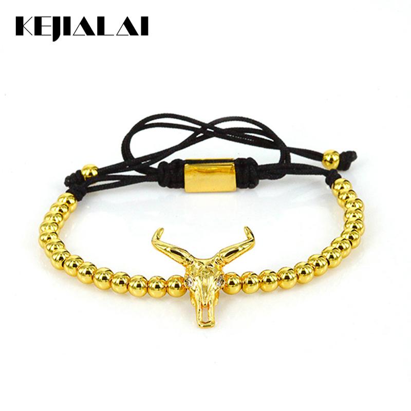 

2020 Fashion Men Jewelry American Old West Goat skull Charm Bracelet for Women Gold Color Round Beads Braiding Macrame Bracelet