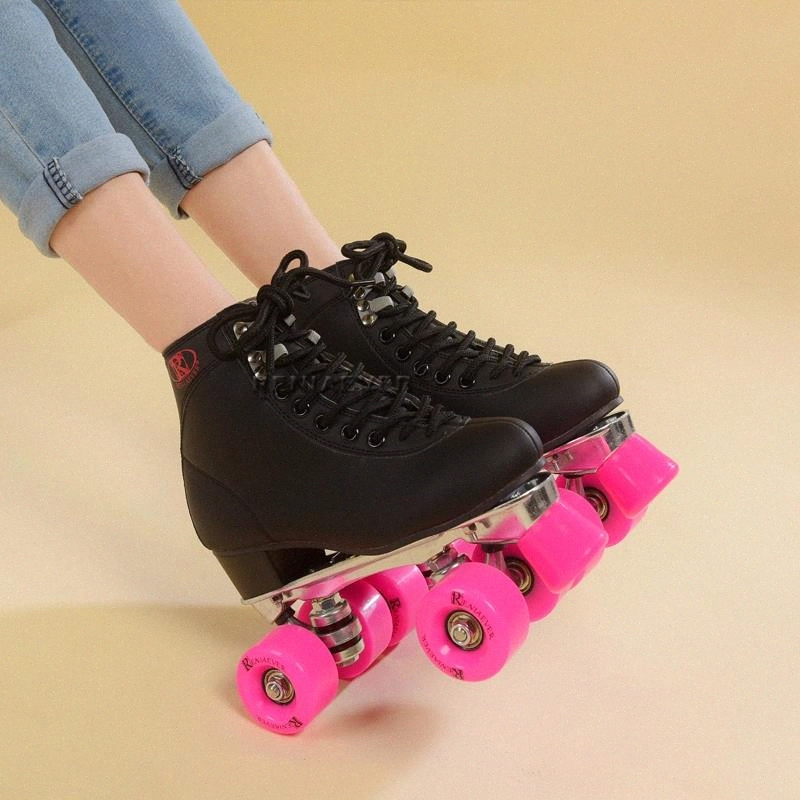 

RENIAEVER roller skate women's roller skating shoe Aluminum base Polyurethane wheel brake with pink wheels,black shoe #nE8o