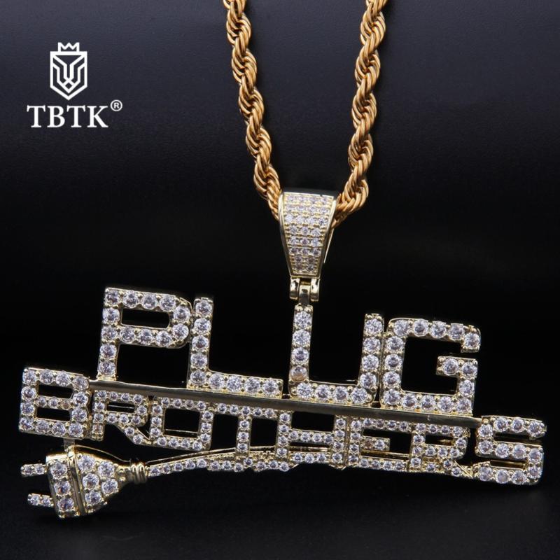 

TBTK Gold Plug Brothers Pendant Statement Long Necklace Paved Zircon Stone Pendants Cool Hiphop Style Necklaces Popular