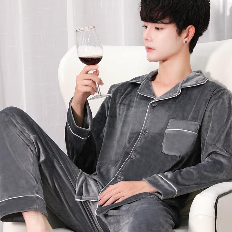 

Long Sleeve Spring Pajamas Set Men Autumn Coral Fleece Warm Pajamas Pants Two Piece Lounge Pyjama Femme Hiver Homewear DF50PS, Black