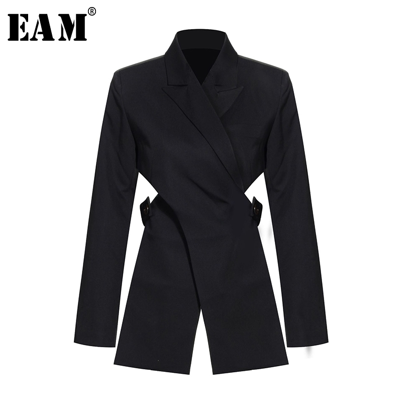 EAM Women Black Cross Bandage Short Blazer Lapel Long Sleeve Loose Fit Jacket Fashion Spring Autumn 1T126 201114Z