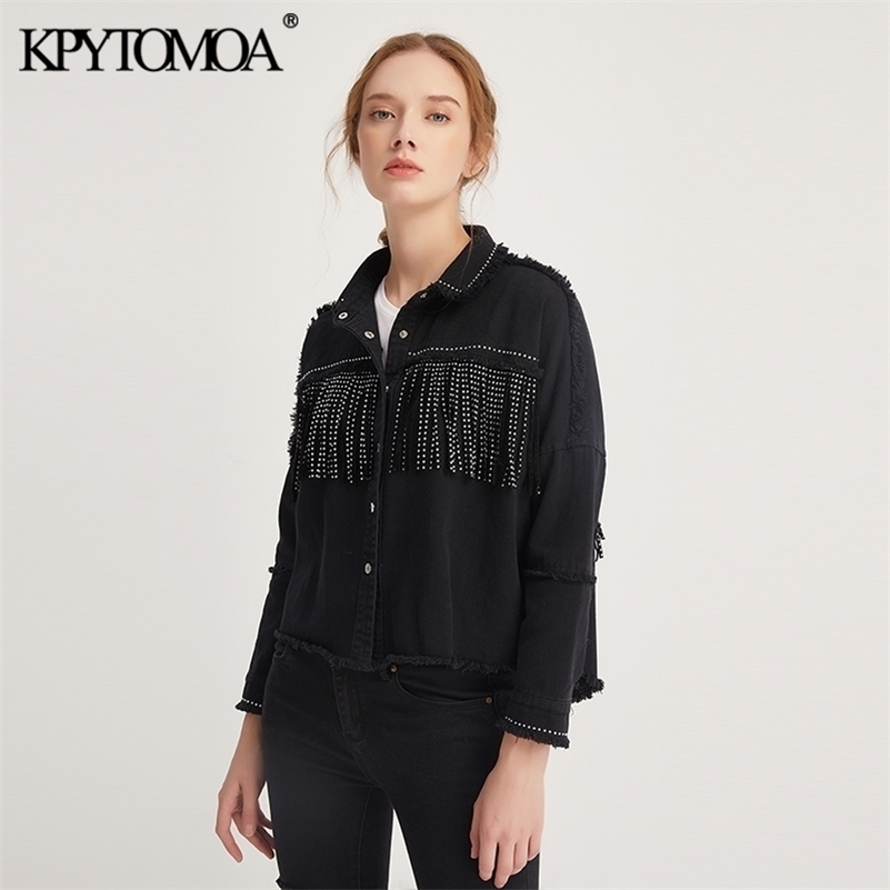 

KPYTOMOA Women Fashion Tassel Beaded Oversized Denim Jacket Coat Women Vintage Long Sleeve Frayed Hem Female Outerwear Chic Tops 201112, Black