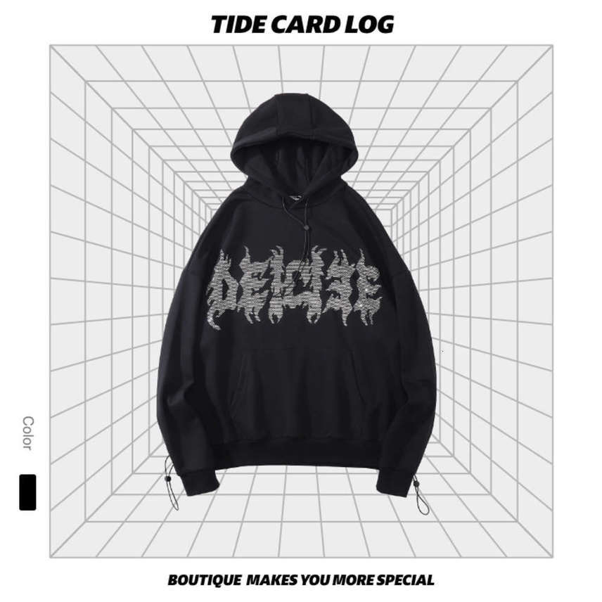 

autumn and winter new hot diamond letter hooded loose fashion brand sweater high street dark no liner head hat men's top, Black