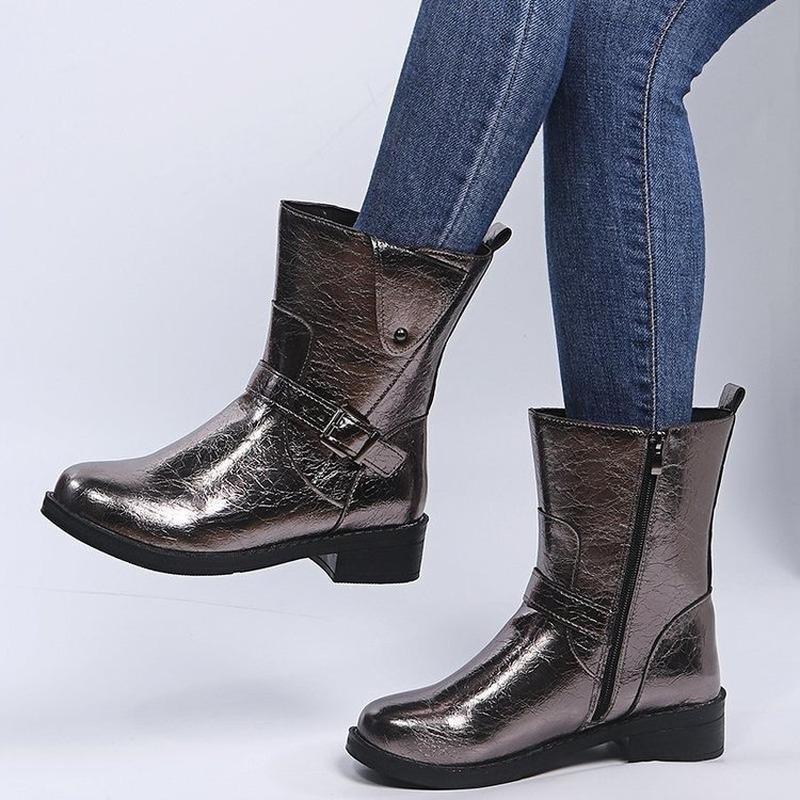 

2020 Elegant Woman Boots Women's Shoes Leather Booties Snow Boots-women Buckle Platform Fashion Rubber Ladies Mid-Calf Boots, Guns color