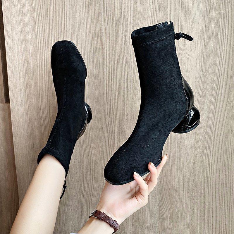 

Y69 Boots Women Hetero-heel New Women's Boots Autumn Winter Fashion Suede Stitching Ankle Lace-Up Botas Mujer1, Black single