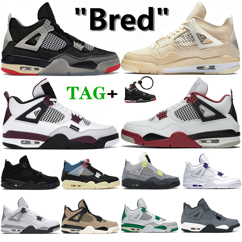 

New Fire Red Paris 4 4s Men Basketball shoes White x Sail Bred Neon Metallic purple Black Cat Running Sneakers Trainers, 47 shoe box