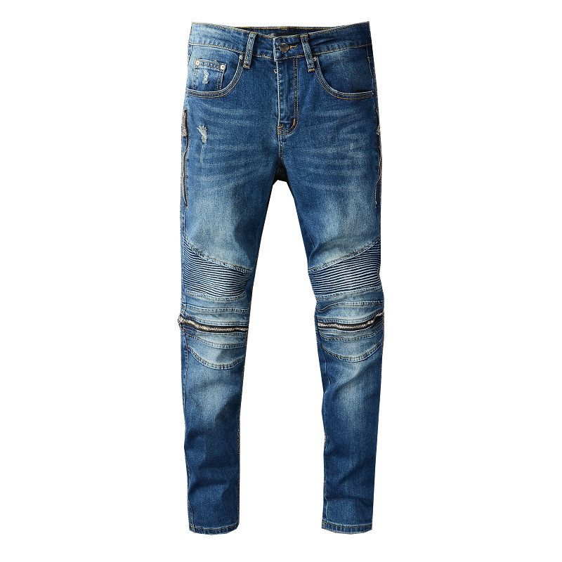 

High quality Mens jeans #667 Distressed Motorcycle biker jeans Slim Ripped hole stripe Famous Denim Men pants jeans, Blue