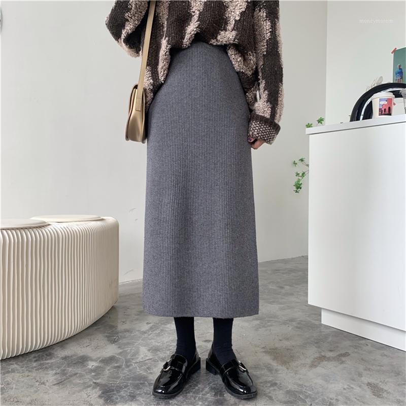 

New Autumn Winter High Waist Vintage Solid Knitted Skirt Female Elegant Fashion Package Hip Long Skirts Womens 4 Color1, Black