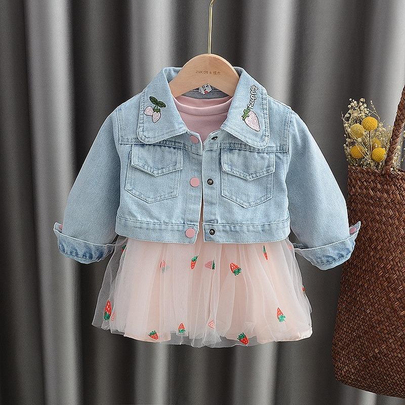

Autumn Suit New Korean Version Strawberry Embroidered Yarn Skirt Girl Denim Two-piece Set, Pic
