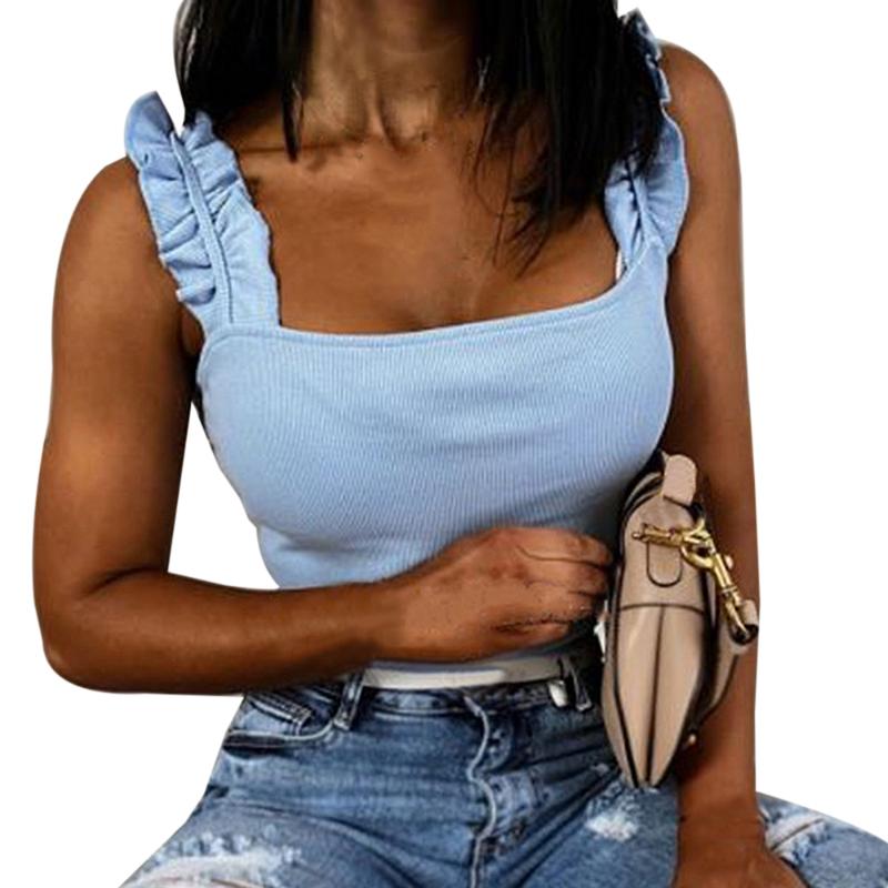 

Summer Ruffle Strap Shirt Blouse Sexy Sleeveless Backless Ribbed Shirt Casual Women Square Collar Slim Knit Tops Blusas, Color 1