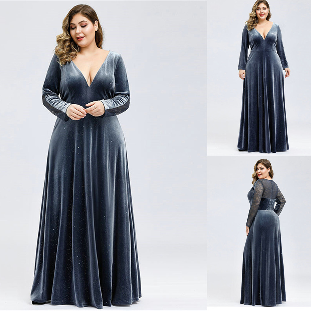 

Elegant Mother of the Bride Dresses 2021 V Neck Long Sleeve Lace Velvet Evening Gowns Custom Made Floor Length Wedding Guest Dress