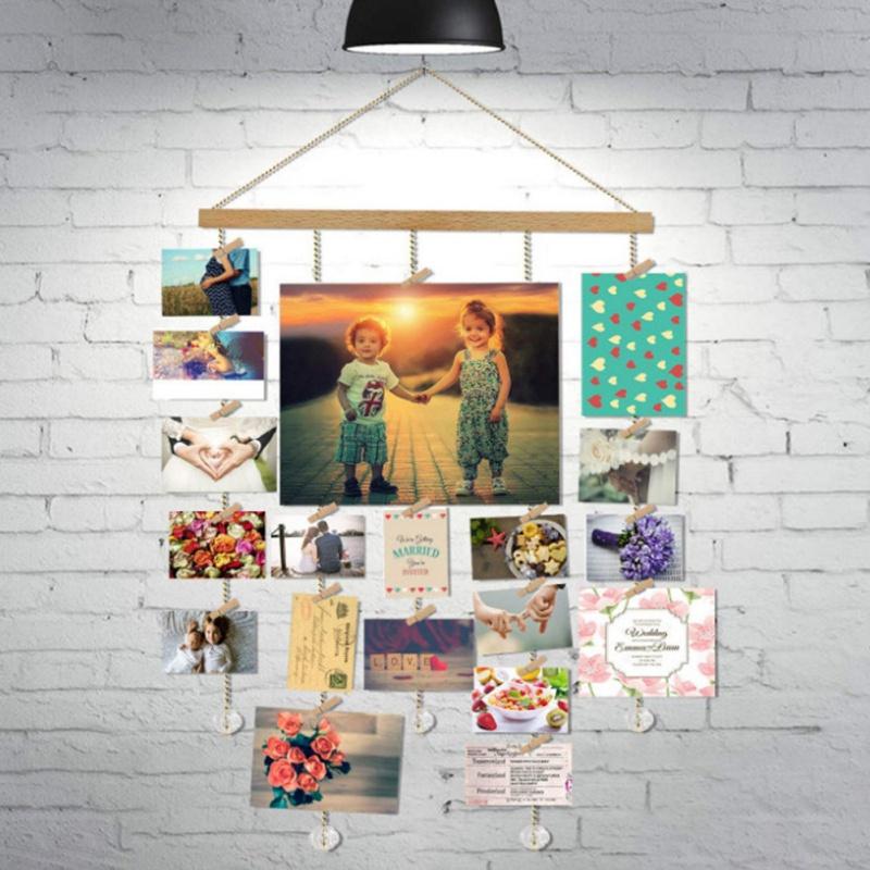 

Photo Display Wooden Stick Wall Hanging Pictures Organizer Home Decor with Wood Clips and Post Cards Valentine's Day Decor