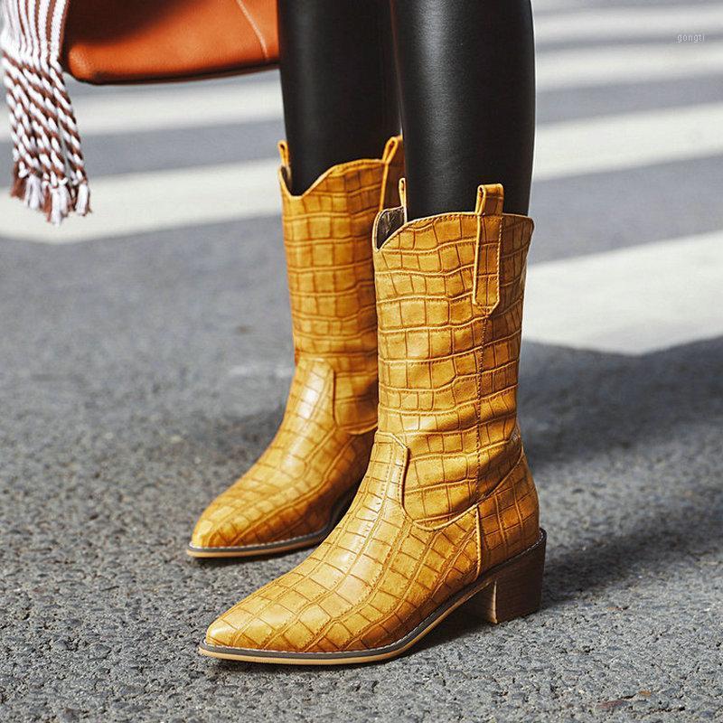 

2020 Autumn Winter Casual Western Cowboy Ankle Boots Women Stone PU Leather Cowgirl Booties Short Boots Yellow Blue Black1