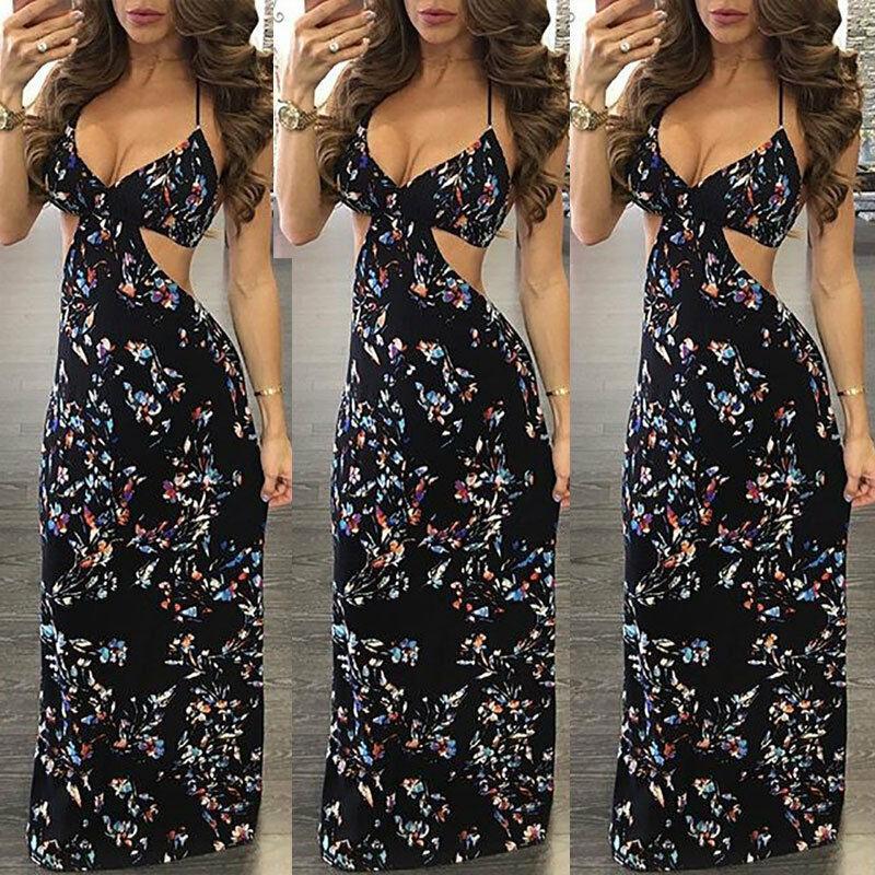 

ZITY Women Summer Vintage Retro Vestidos Hollow Out V Neck Backless Sleeveless Boho Long Maxi Evening Party Beach Dresses Floral, Black