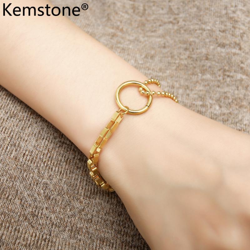 

Kemstone Gold Color Stainless Steel Creative Bead Square Buckle Asymmetric Bracelet Jewelry for Women