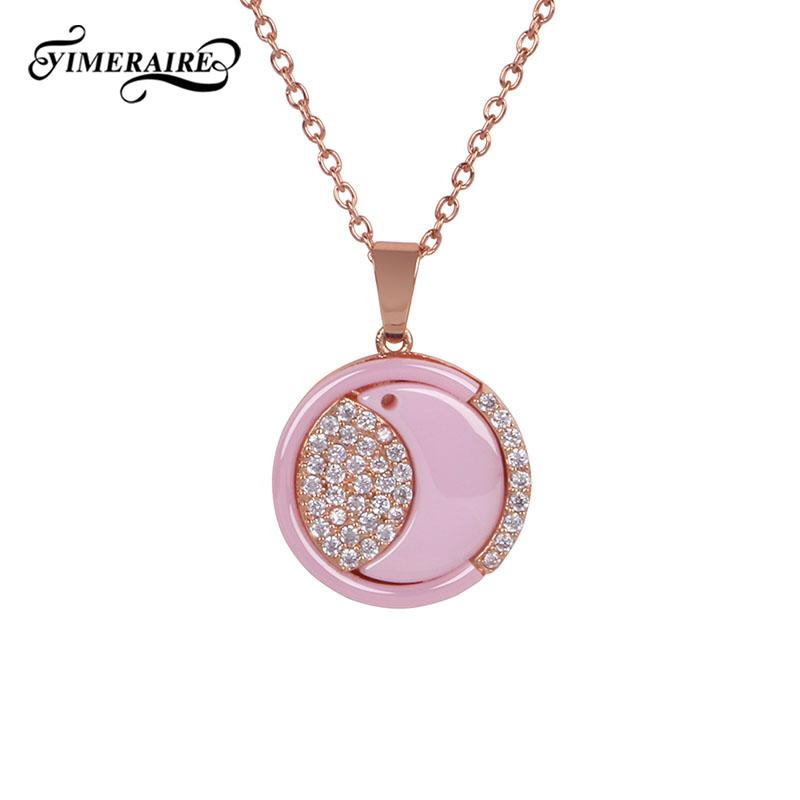 

New Pink Blue Round Moon Pendant Necklace For Women Smooth Ceramic Crystal 585 Rose Gold Fashion Jewelry Unisex Chain Necklaces