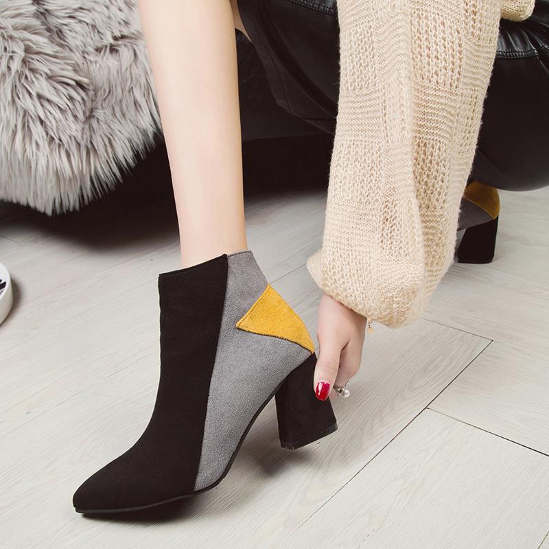 

Women's Fashion shoes Color matching Square High Heels Zipper Suede Booties Pointed Sexy woman shoes zapatos tacon mujer U22-10, Red