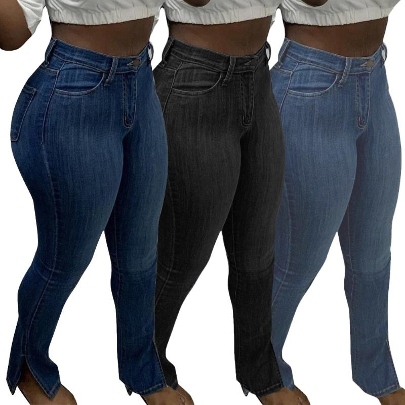 

Blue Black Stretch Elastic High Waist Women Pencil Pants Sexy Bodycon Skinny Denim Pants Jeans Streetwear Split Trousers Club