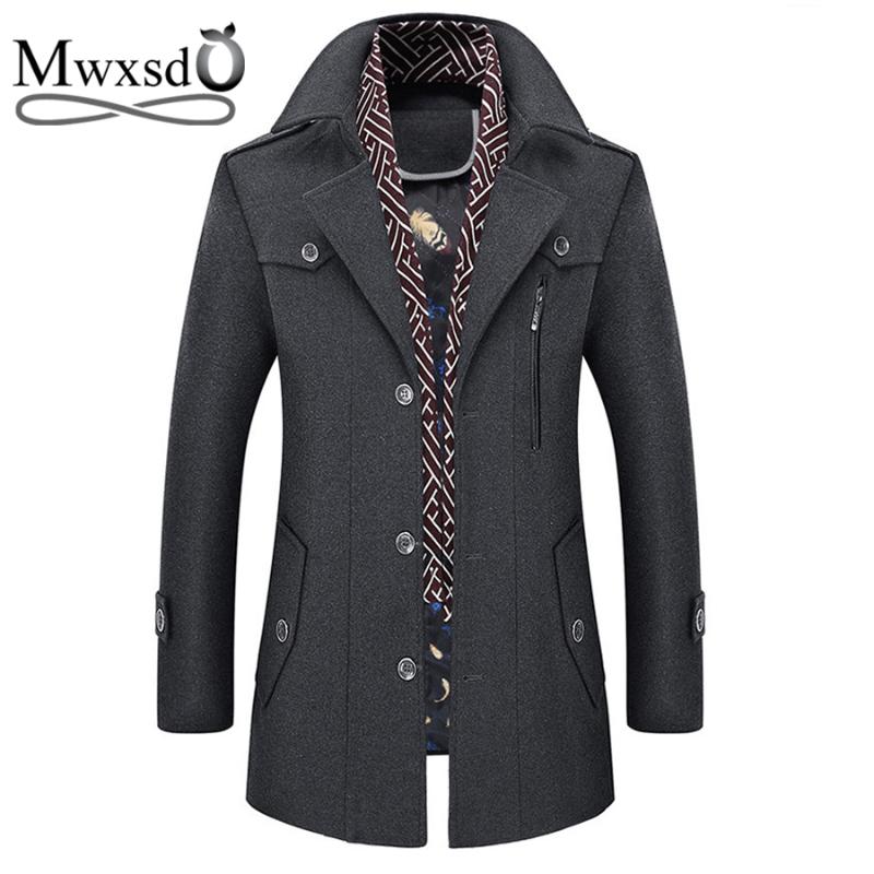 

Mwxsd winter Men wool Jacket with scarf mens warm woolen Turn-down Collar jacket male thick overcoat, Brown
