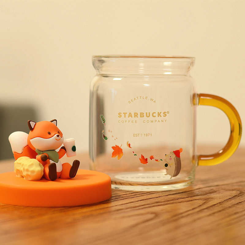 Starbucks 2021 Mid Autumn Festival forest cute fox resistant tropical cover glass cup 420ml desktop cup lovely water cup-image-755369040