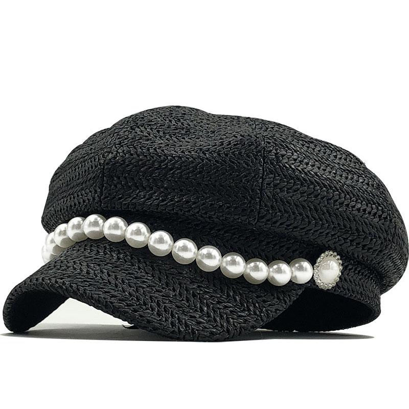 

new summer Sun Hats for Women Solid Plain Octagonal Newsboy Cap Girls Ladies Casual straw hat Raffia Beret Women Painter Cap, Black