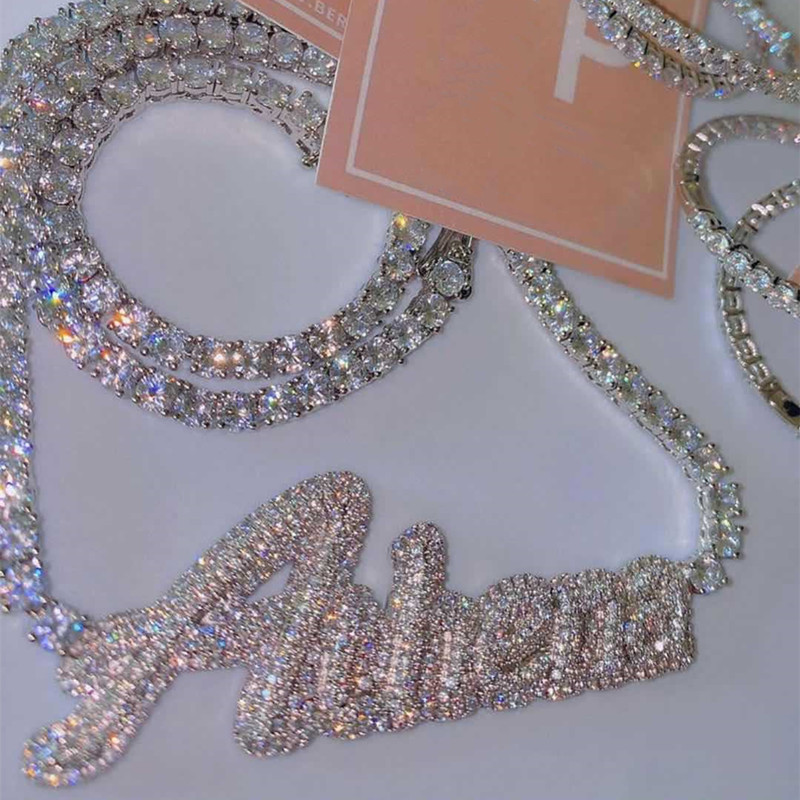

Gold Silver Plated Bling CZ Custom Name Letter Pendant Necklace with 4mm 20inch CZ Tennis Chain for Men Women