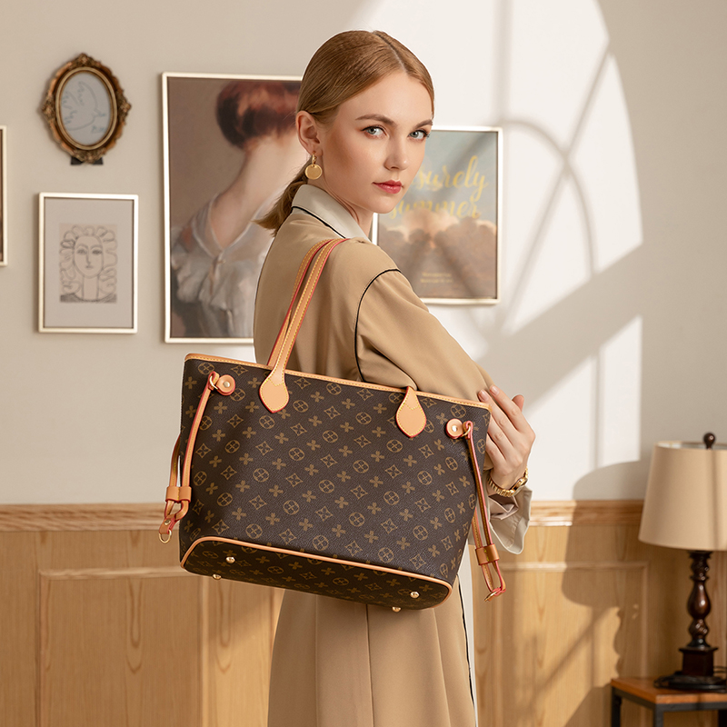 

Printed women's bags new large fashionable and easy to build shopping bag large capacity handbags shoulder tote, Brown