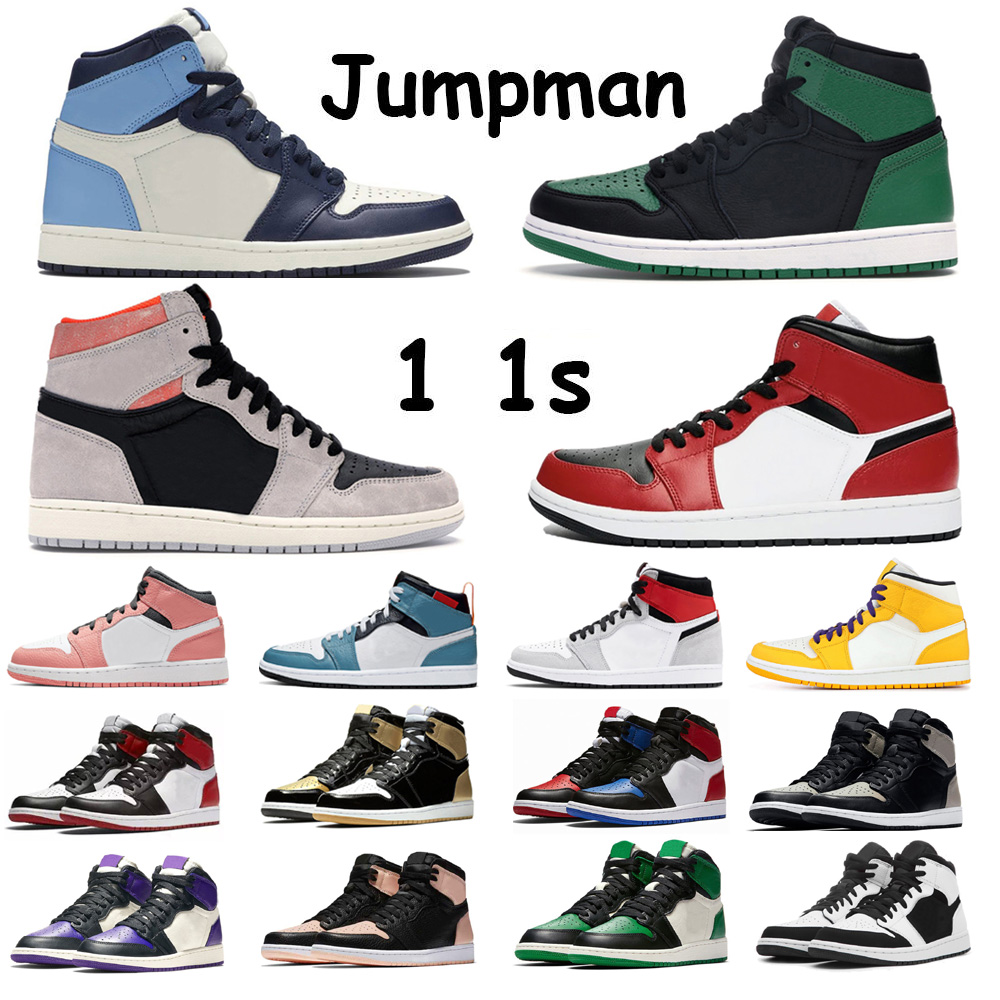 

2021 Mens Womens 1 1s Basketball Shoes Fearless Bred Toe Travis Scotts Obsidian UNC Mid Sneakers, #7 pine green