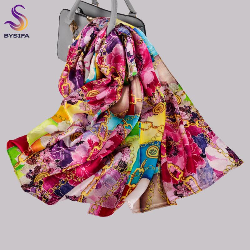 

[BYSIFA] 2020 New Pure Silk Scarf Shawl Ladies Fashion Chain Flower Pattern 100% Real Silk Long Scarves Autumn Winter Neck Scarf