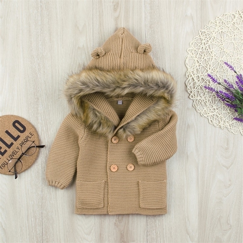

0-24M Winter Newborn Baby Girl Sweater Clothes Child Fashion Hooded Fur collar Sweater Jacket Cardigan Infant Girl Clothes 201109, Red