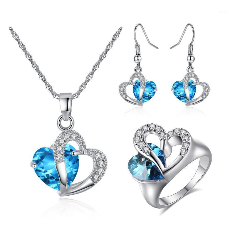 

Europe and the United States popular peach heart copper inlaid zircon necklace earrings ring set women jewelry wholesale1, As pic
