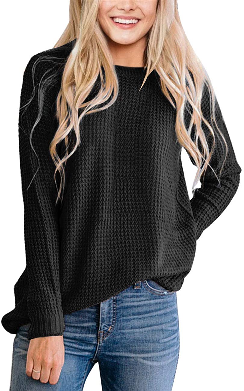 

MEROKEETY Women's Long Sleeve Waffle Knit Sweater Crew Neck Solid Color Pullover Jumper Tops, Black