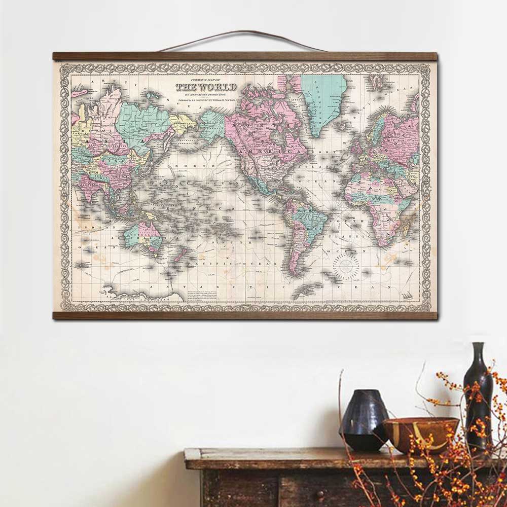 

Wholesale Old Vintage Map of The World Canvas Painting Art Posters and Prints with Solid Wood Hanging Scroll Wall Pictures for Living Room