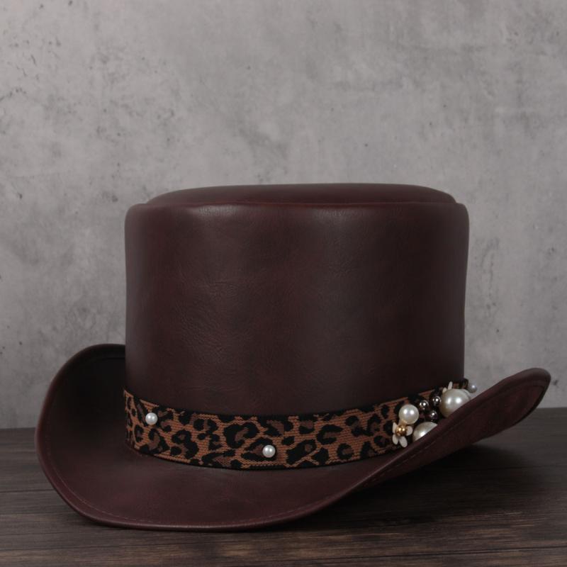 

Women Leather Top Hat Lady Top Fedoras Hat Magician Cosplay Party Caps Dropshiping 3Size 13CM, Coffee-gb